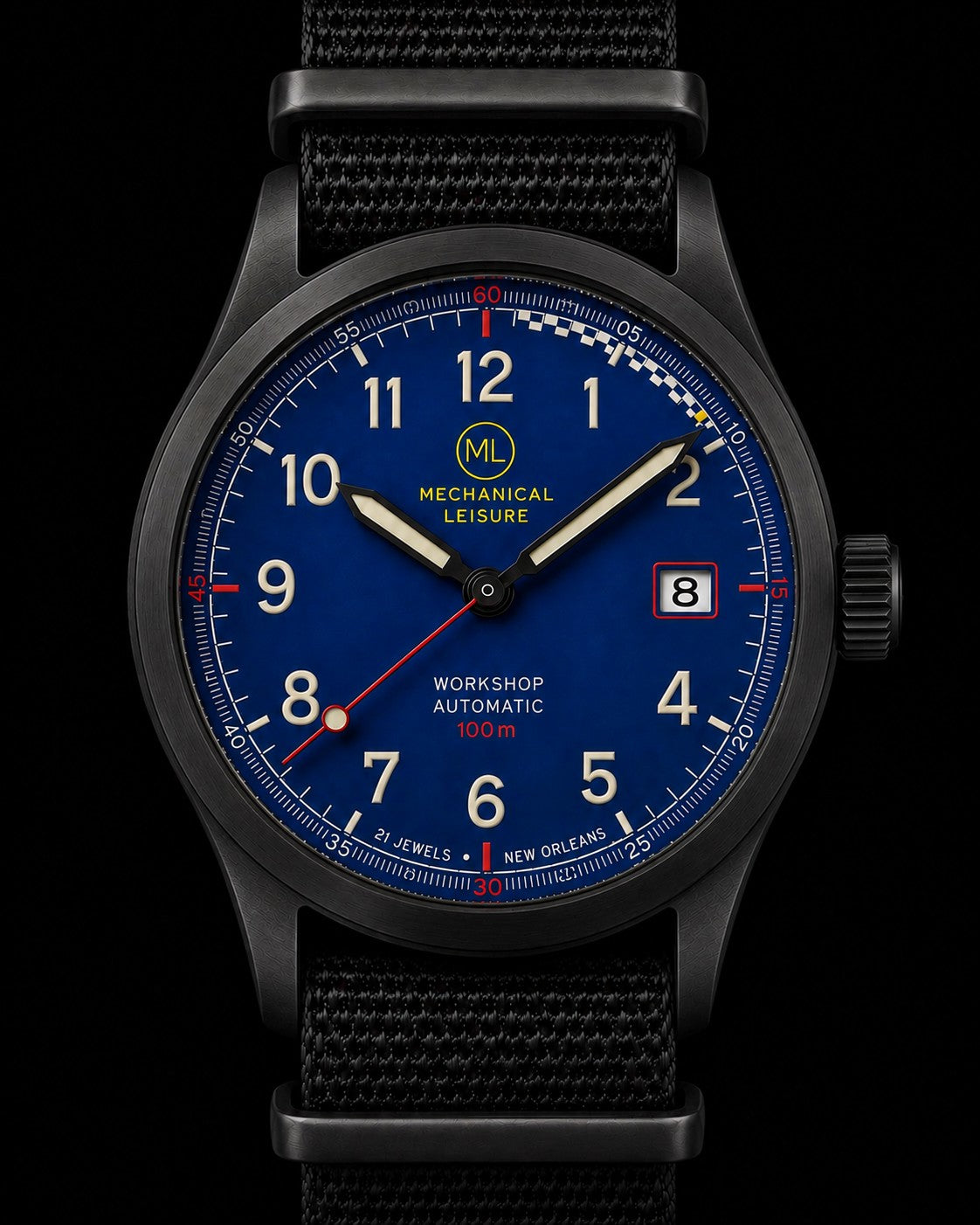 Design render of the Workshop: a blue field dial with a checkered first ten minutes, on a black nylon strap